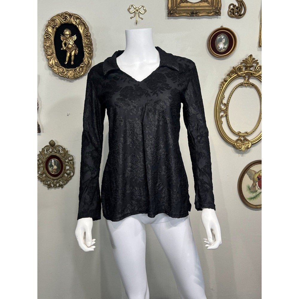 Vintage Cheryl Creations Black Burnout Velvet Floral Long Sleeve Collar Top Sz M